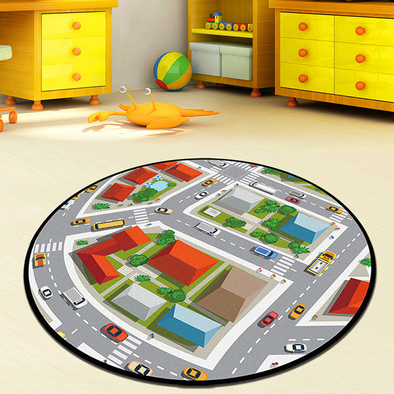 Avtoit | Gray and Green Kids Rug Polyester Road Pattern Rug Pet Friendly Washable Non-Slip Backing Carpet for Decoration