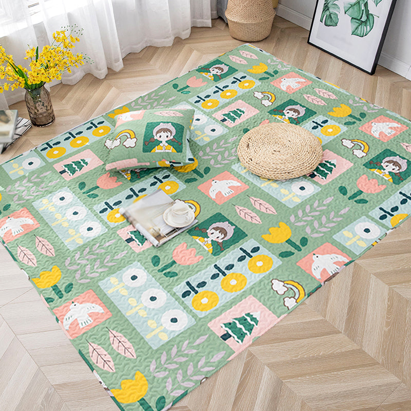 Avtoit | Kids Floral Pattern Rug with Character Beige and Green Cotton Rug Washable Pet Friendly Non-Slip Area Rug for Child's Bedroom