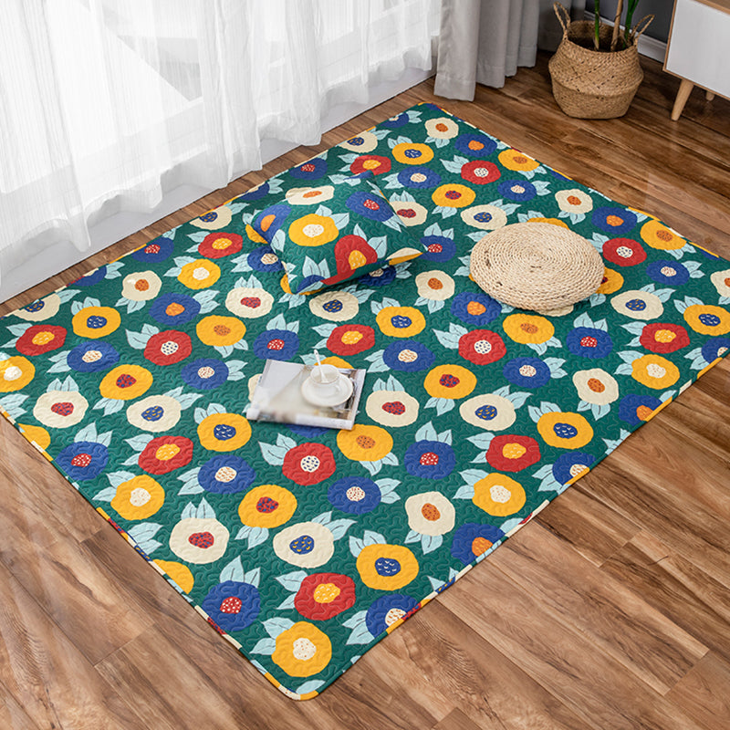 Avtoit | Kids Floral Pattern Rug with Character Beige and Green Cotton Rug Washable Pet Friendly Non-Slip Area Rug for Child's Bedroom