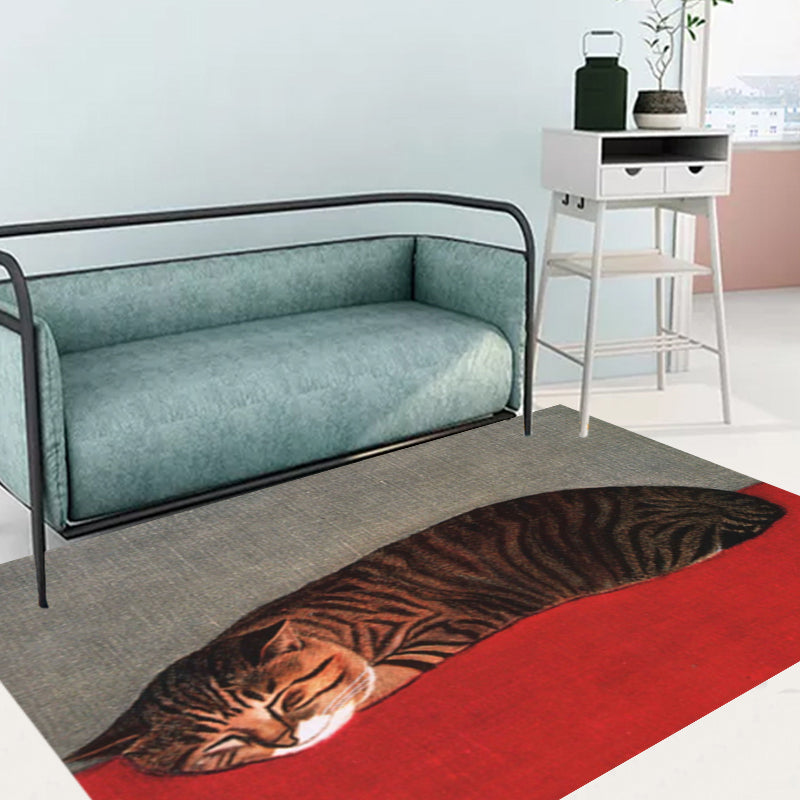 Avtoit | Novelty Cat Pattern Carpet Red and Black Polyester Washable Pet-Friendly Area Rug for Decoration