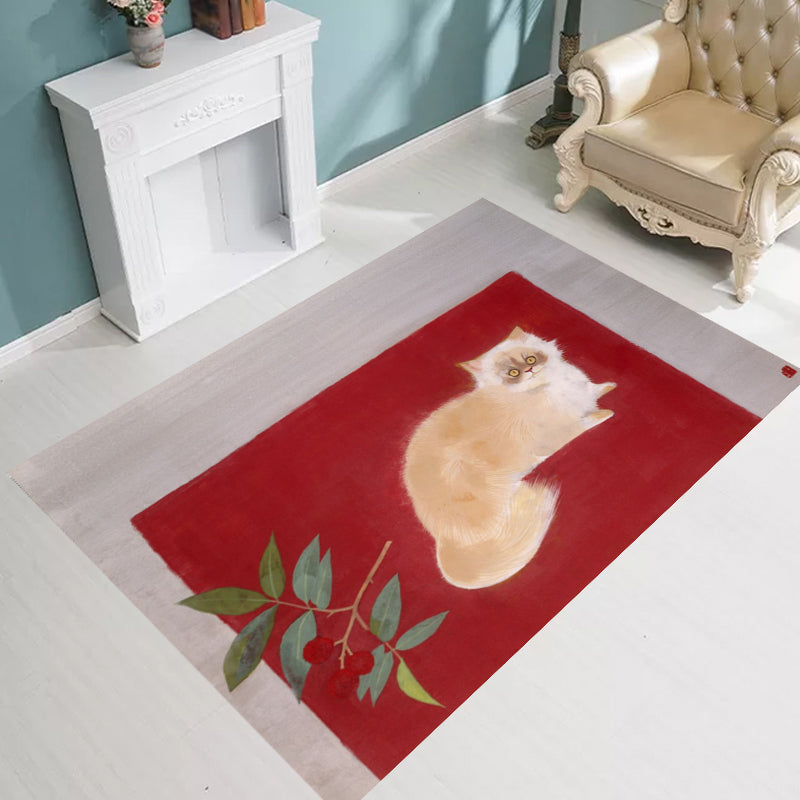 Avtoit | Novelty Cat Pattern Carpet Red and Black Polyester Washable Pet-Friendly Area Rug for Decoration