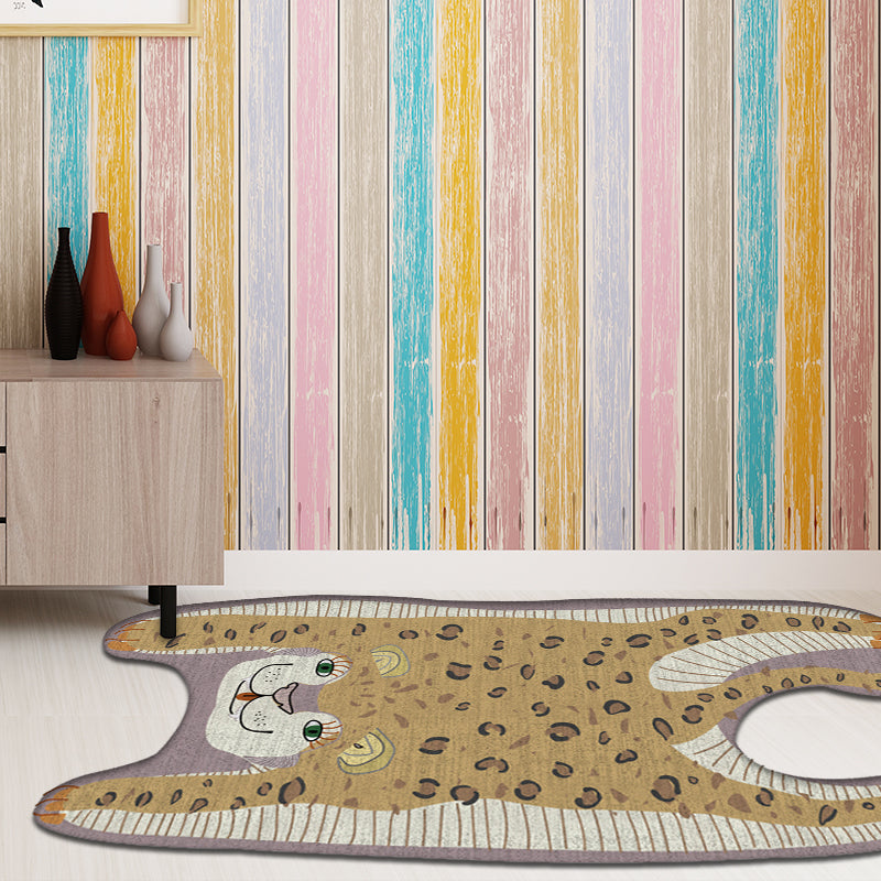 Avtoit | Kids Irregular Bedroom Carpet in Yellow and Purple Animal Leopard Pattern Rug Polyester Non-Slip Base Rug