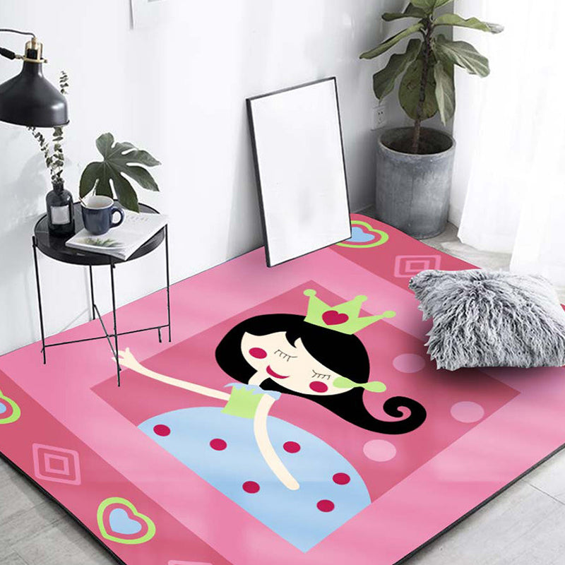 Avtoit | Cute Cartoon Character Pattern Rug Pink Kids Rug Polyester Washable Pet Friendly Non-Slip Rug for the Nursery
