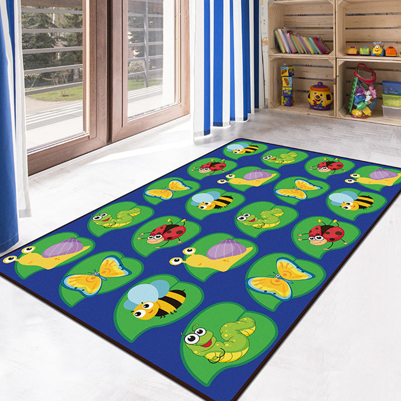 Avtoit | Green and Blue Children's Carpet Polyester Animal and Insect Pattern Carpet Pet-Friendly Washable Non-Slip Background Rug for Decoration