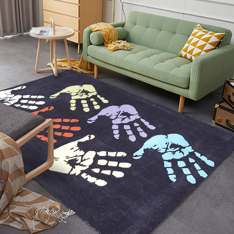 Avtoit | Kids Handprint Pattern Rug Black and Apricot Polyester Rug Washable Pet-Friendly Non-Slip Area Rug for the Kids' Room