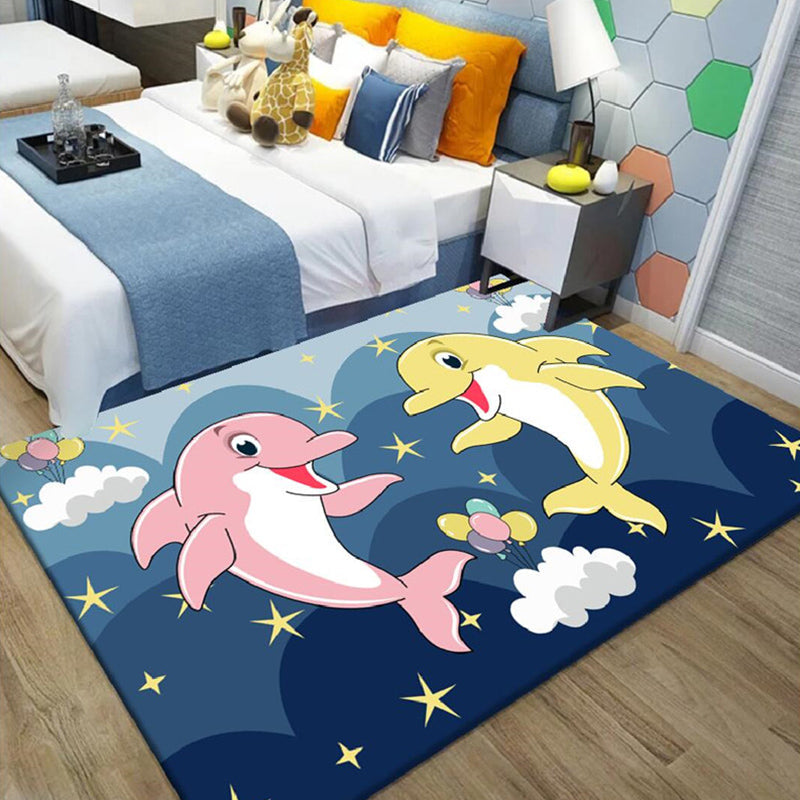 Avtoit | Kids Cartoon Dolphin Pattern Rug with Star Green and Blue Polyester Rug Washable Pet Friendly Non-Slip Area Rug for Kids Room