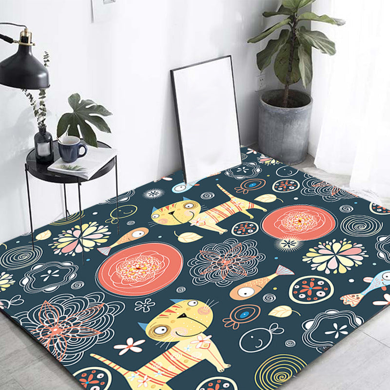Avtoit | Dark Black Children’s Mat Polyester Animal and Flower Pattern Carpet Pet Friendly Washable Non-Slip Backing Rug for Decoration