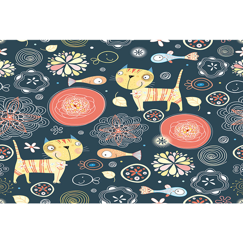 Avtoit | Dark Black Children’s Mat Polyester Animal and Flower Pattern Carpet Pet Friendly Washable Non-Slip Backing Rug for Decoration