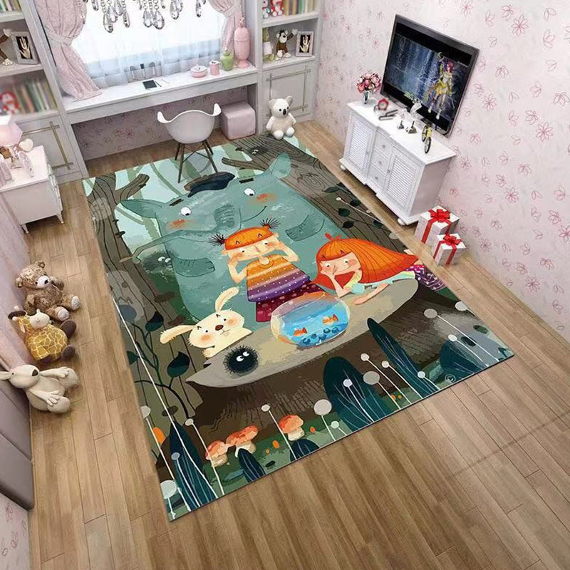 Avtoit | Pink and Green Children Rug Polyester Cartoon Character Pattern Rug Pet-Friendly Washable Non-Slip Backing Rug for Decoration