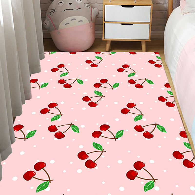 Avtoit | Pink Children's Carpet Synthetic Cherry Pattern Carpet Pet Friendly Washable Non-Slip Back Carpet for Decoration