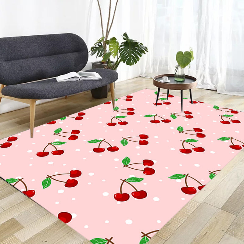 Avtoit | Pink Children's Carpet Synthetic Cherry Pattern Carpet Pet Friendly Washable Non-Slip Back Carpet for Decoration