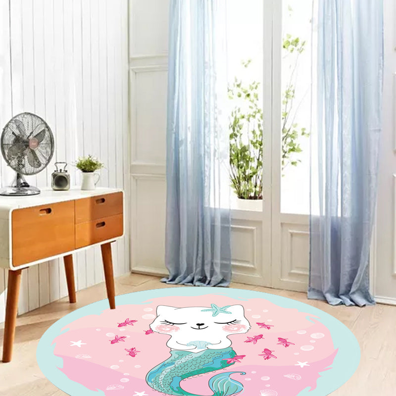 Avtoit | Kids Cartoon Cat Pattern Rug Pink and Red Polyester Carpet Washable Pet Friendly Non-Slip Area Rug for Children's Room