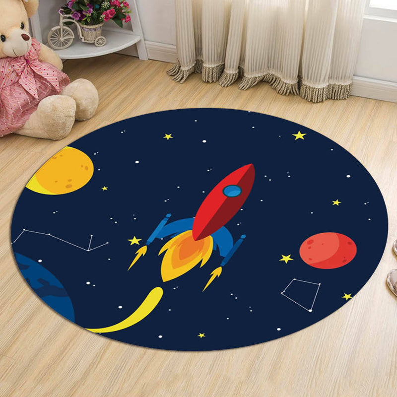 Avtoit | Dark Blue Children's Carpet Polyester Spaceships and Stars Pattern Carpet Pet Friendly Washable Nonslip Rug for Decoration