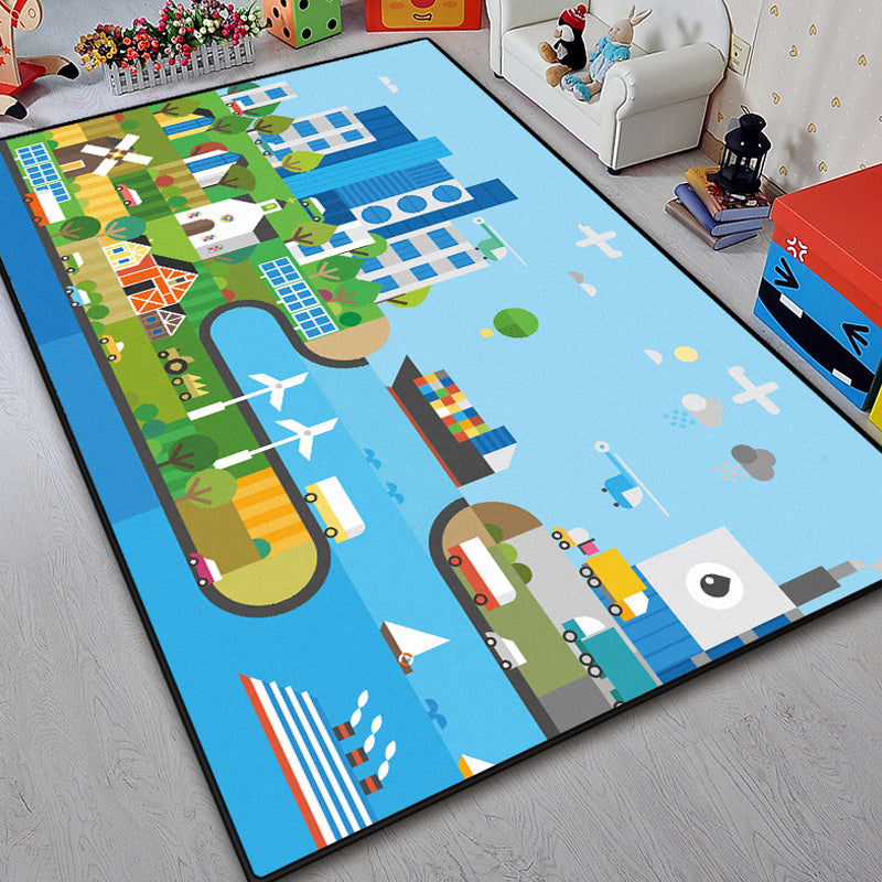 Avtoit | Unique island design rug with tree Blue and Green children's rug Polyester Wash Friendly for pets Non-slip rug for the children's room