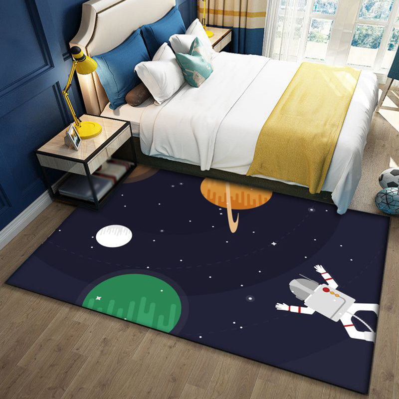 Avtoit | Kids Space Pattern Rug with Spaceship Multicolor Polyester Rug Washable Pet Friendly Non-Slip Rug for the Children's Room