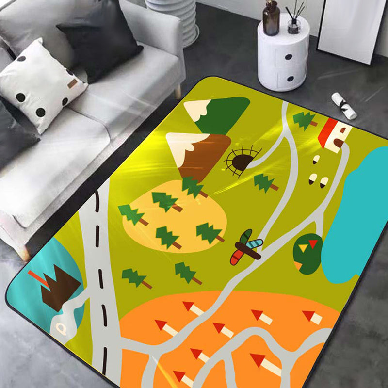 Avtoit | Kids Map Pattern Rug Green Polyester Rug Washable Pet-Friendly Non-Slip Area Rug for the Children's Room