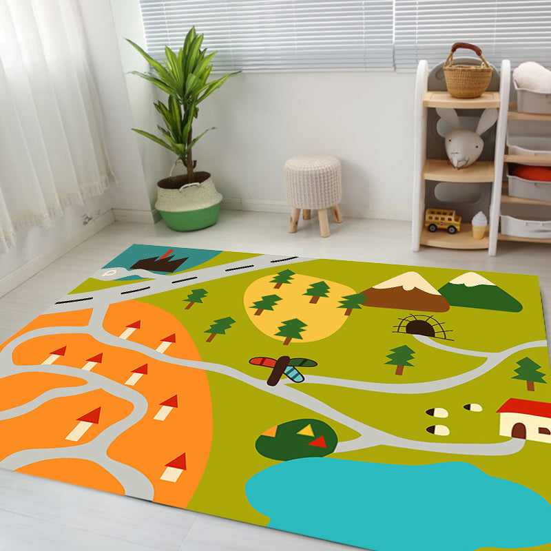 Avtoit | Kids Map Pattern Rug Green Polyester Rug Washable Pet-Friendly Non-Slip Area Rug for the Children's Room
