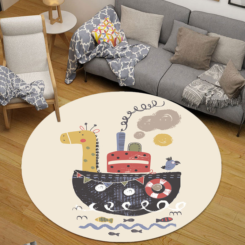 Avtoit | Kids Ship Pattern Rug Beige and Orange Polyester Rug Washable Pet-Friendly Non-Slip Rug for the Children's Room