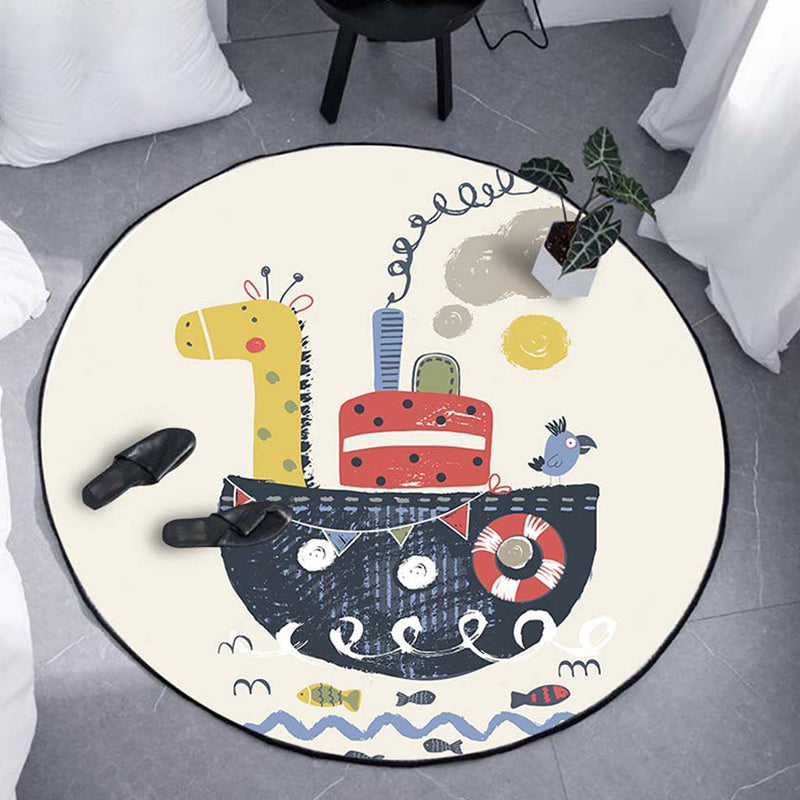 Avtoit | Kids Ship Pattern Rug Beige and Orange Polyester Rug Washable Pet-Friendly Non-Slip Rug for the Children's Room