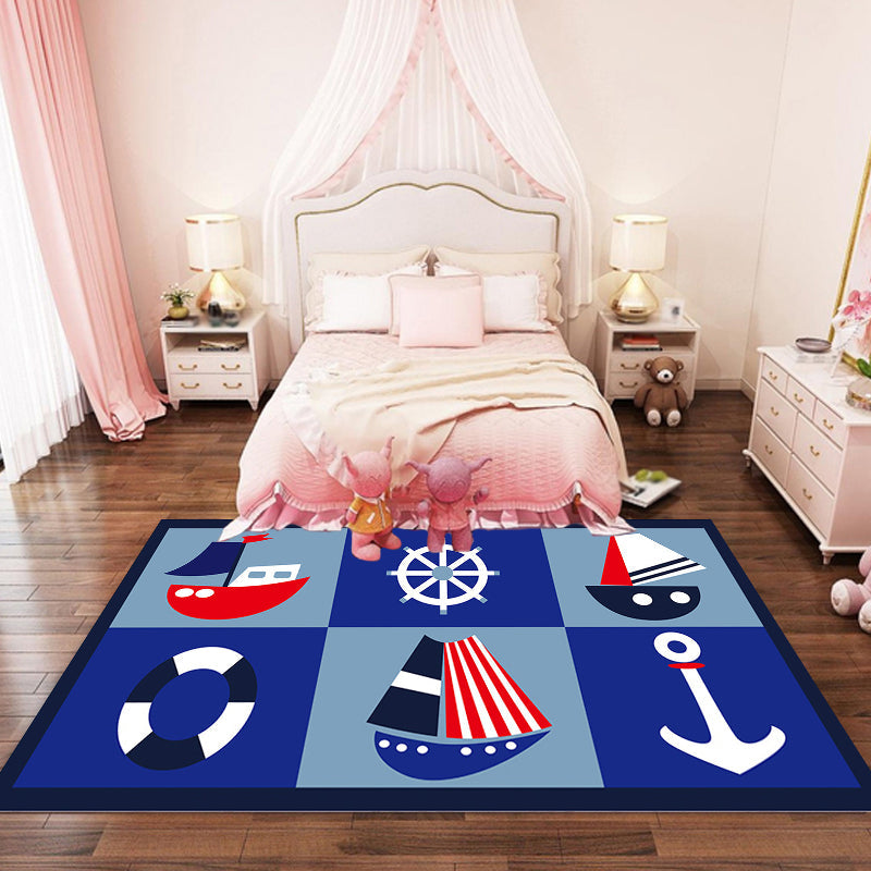 Avtoit | Children's ship pattern carpet with anchor Blue Polyester Carpet Washable Pet-friendly Non-slip Carpet for the nursery