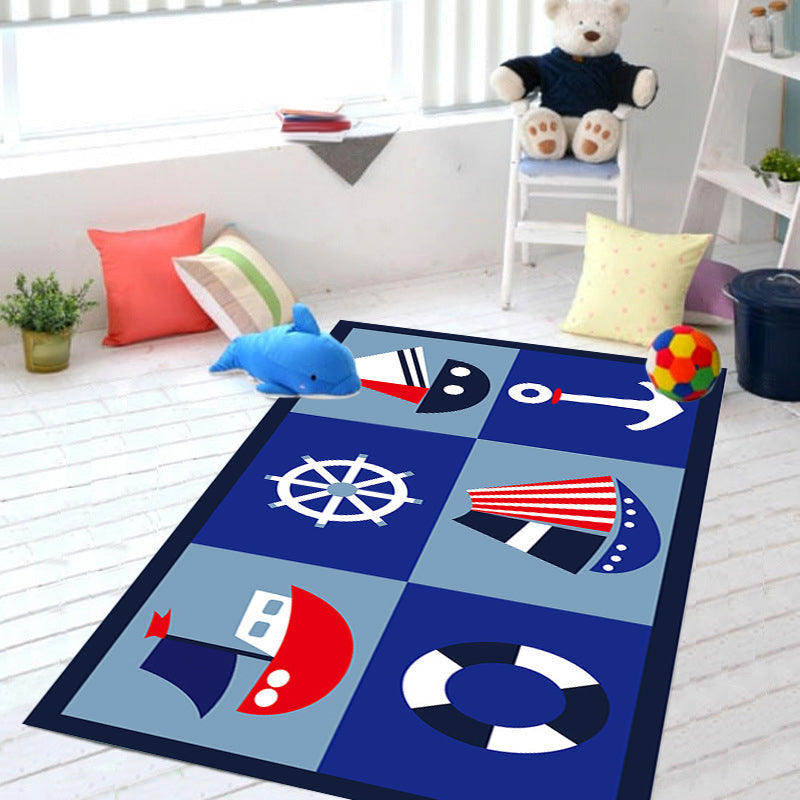 Avtoit | Children's ship pattern carpet with anchor Blue Polyester Carpet Washable Pet-friendly Non-slip Carpet for the nursery