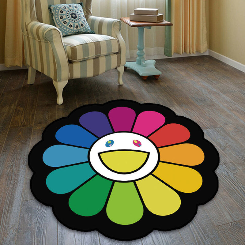 Avtoit | Colorful Flower Pattern Rug Black Multicolor Kids Rug Polyester Pet Friendly Washable Area Rug for Kids Room