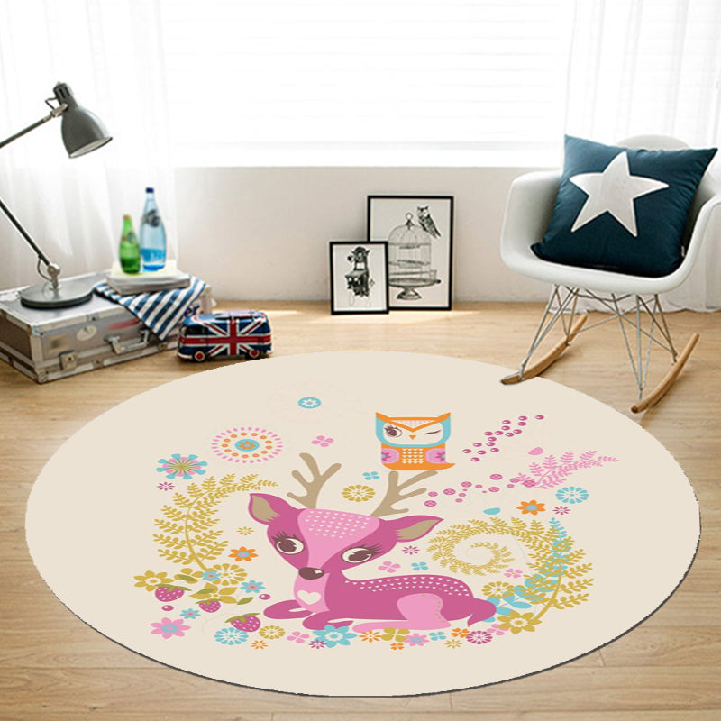 Avtoit | Beautiful Cartoon Animal Pattern Rug Beige and Red Kids Rug Polyester Pet-Friendly Washable Area Rug for the Children's Room