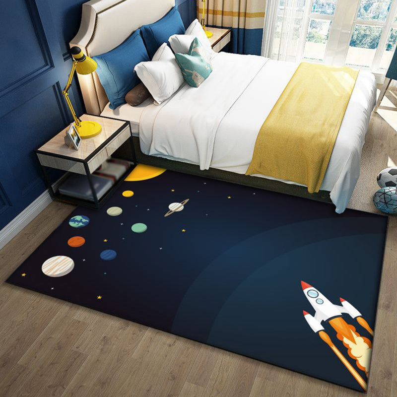 Avtoit | Stylish Outer Space Pattern Rug Blue and Black Children's Rug Polyester Washable Pet-Friendly Non-Slip Rug for the Children's Room