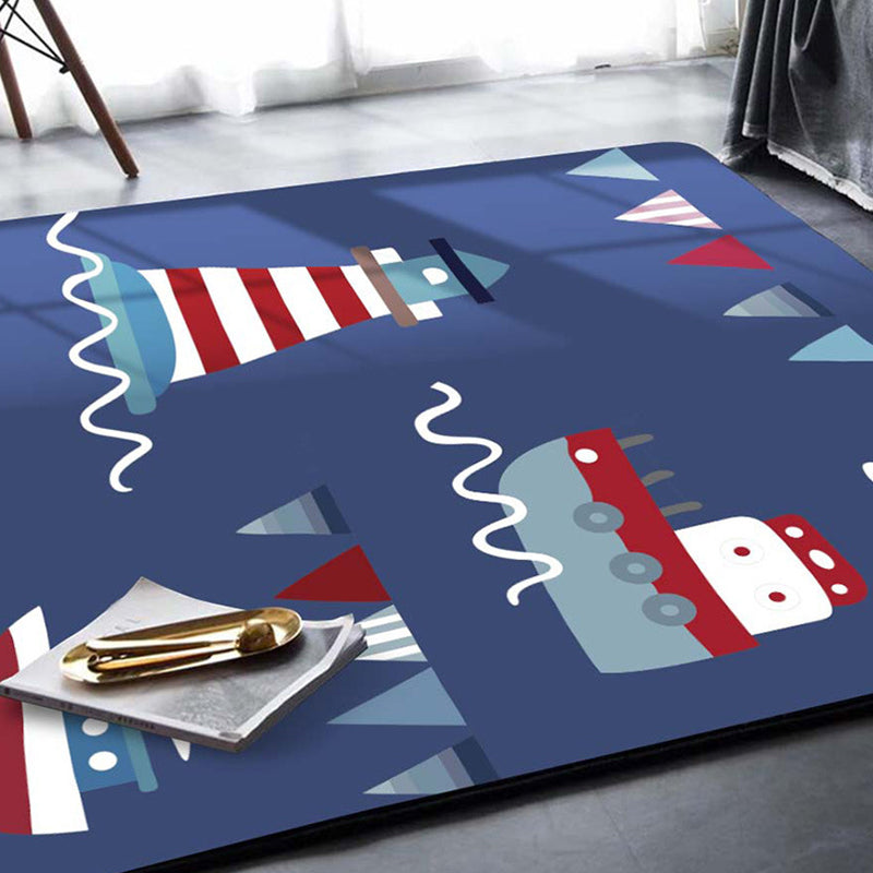Avtoit | Blue Children's Carpet Polyester Lantern and Ship Pattern Carpet Pet Friendly Washable Non-Slip Backing Carpet for Decoration