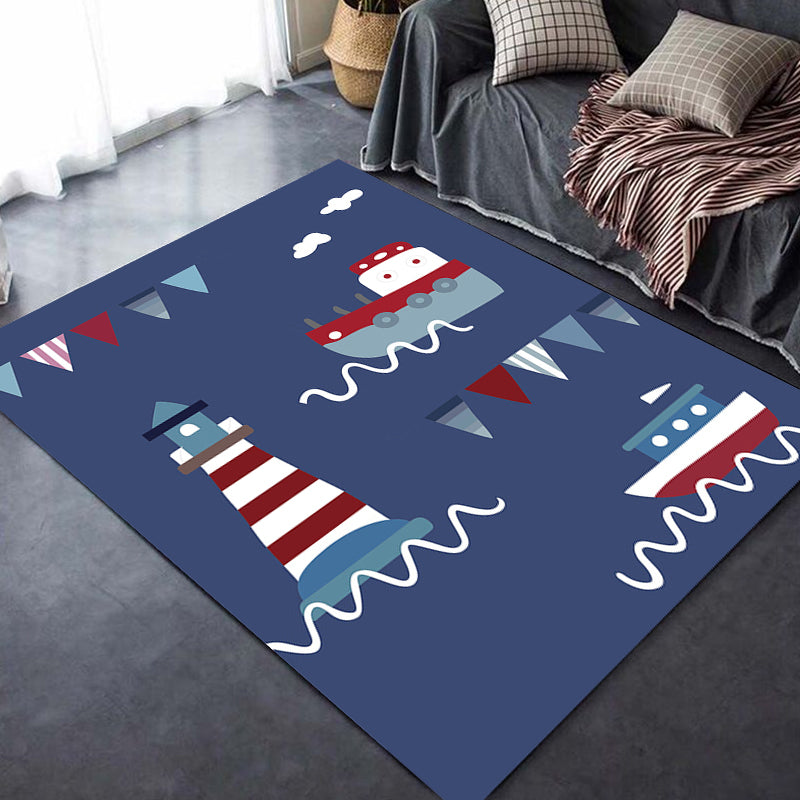 Avtoit | Blue Children's Carpet Polyester Lantern and Ship Pattern Carpet Pet Friendly Washable Non-Slip Backing Carpet for Decoration