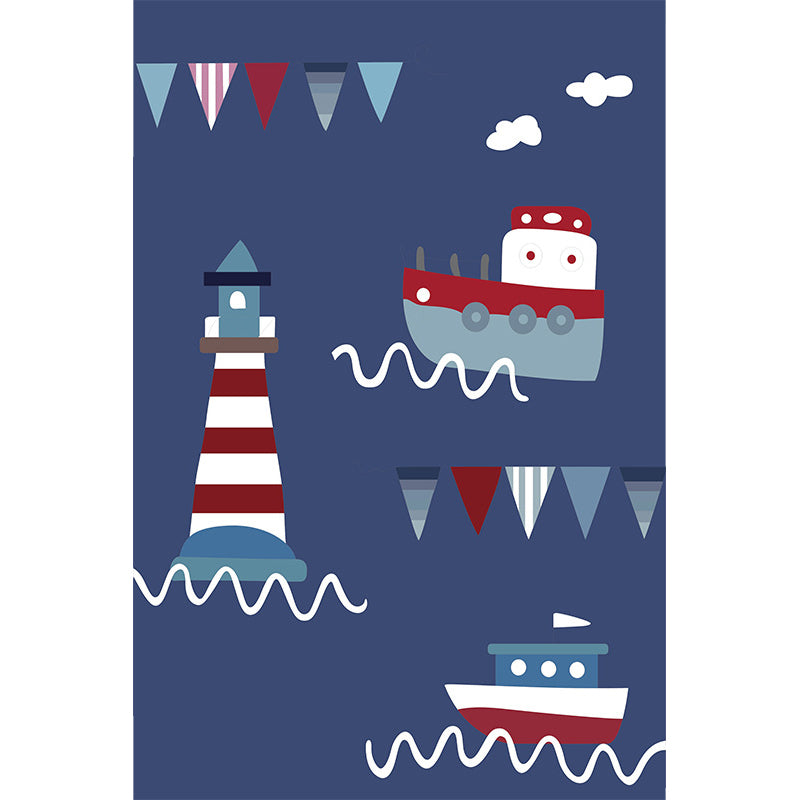 Avtoit | Blue Children's Carpet Polyester Lantern and Ship Pattern Carpet Pet Friendly Washable Non-Slip Backing Carpet for Decoration