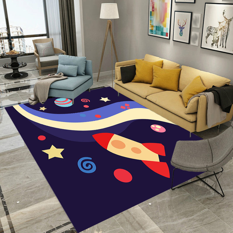 Avtoit | Children's Spaceship Pattern Rug with Planet Dark Blue Polyester Rug Washable Pet-Friendly Non-Slip Rug for the Children's Room