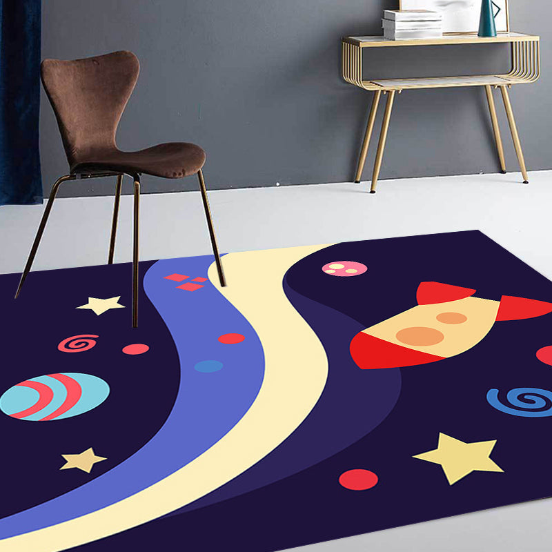 Avtoit | Children's Spaceship Pattern Rug with Planet Dark Blue Polyester Rug Washable Pet-Friendly Non-Slip Rug for the Children's Room