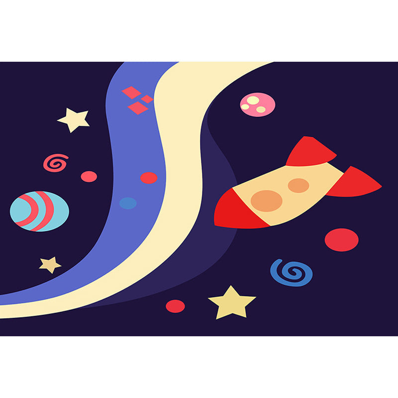 Avtoit | Children's Spaceship Pattern Rug with Planet Dark Blue Polyester Rug Washable Pet-Friendly Non-Slip Rug for the Children's Room