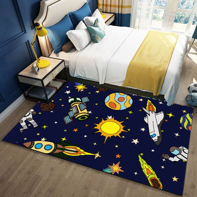 Avtoit | Black and Blue Kids Rug Polyester Space and Beach Pattern Rug Pet Friendly Washable Non-Slip Backing Carpet for Decoration