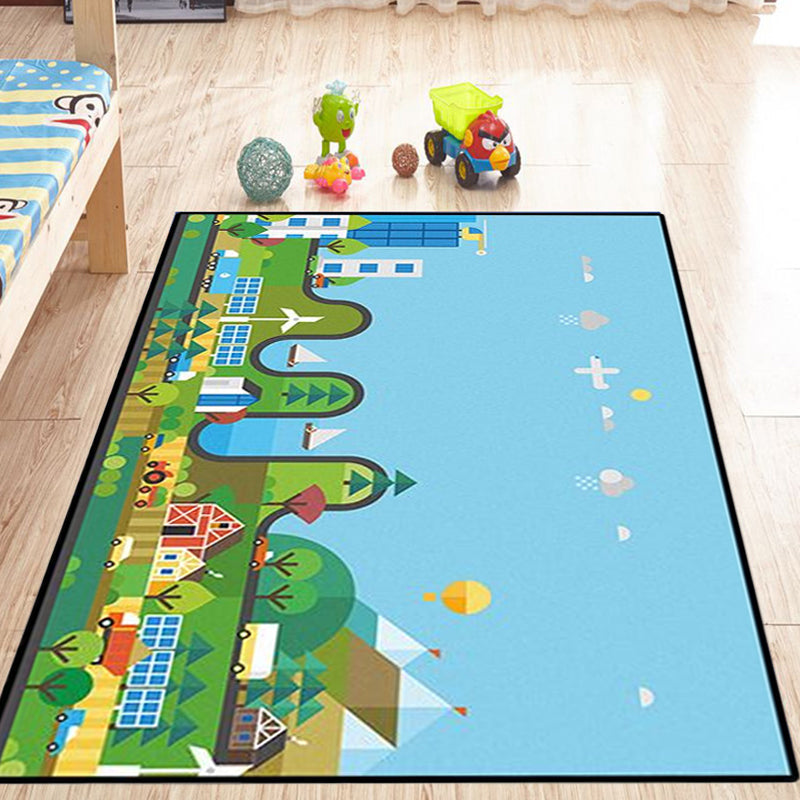 Avtoit | Unique Construction Pattern Rug Blue Children's Rug Polyester Washable Pet-Friendly Non-Slip Rug for the Children's Room