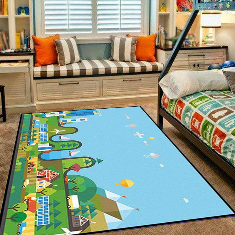 Avtoit | Unique Construction Pattern Rug Blue Children's Rug Polyester Washable Pet-Friendly Non-Slip Rug for the Children's Room