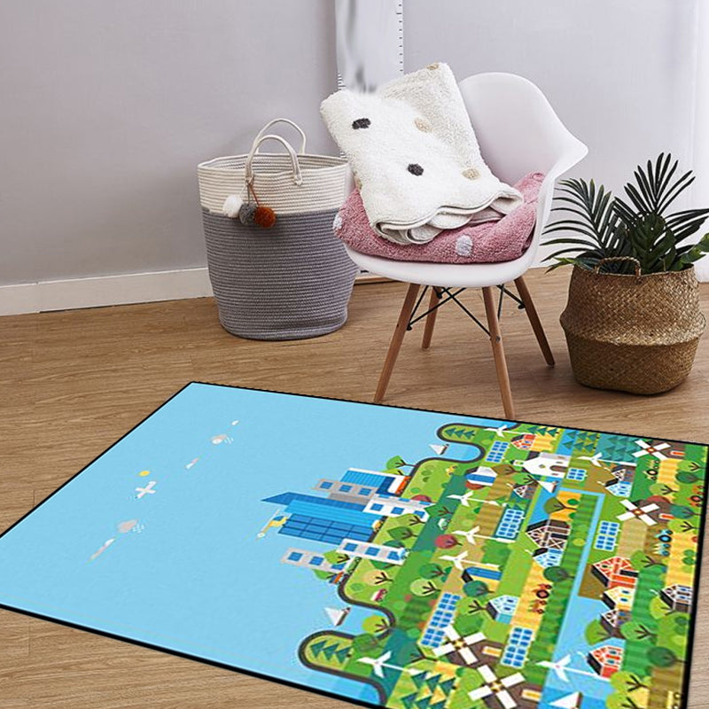 Avtoit | Unique Construction Pattern Rug Blue Children's Rug Polyester Washable Pet-Friendly Non-Slip Rug for the Children's Room
