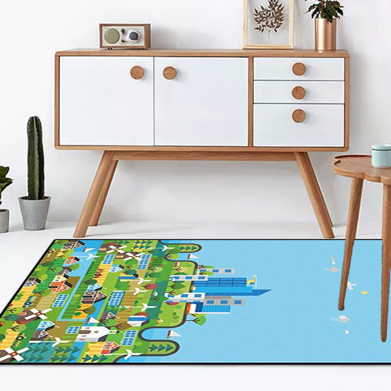 Avtoit | Unique Construction Pattern Rug Blue Children's Rug Polyester Washable Pet-Friendly Non-Slip Rug for the Children's Room