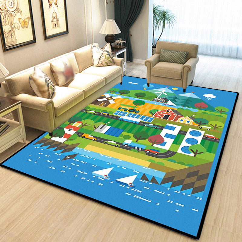 Avtoit | Unique Construction Pattern Rug Blue Children's Rug Polyester Washable Pet-Friendly Non-Slip Rug for the Children's Room