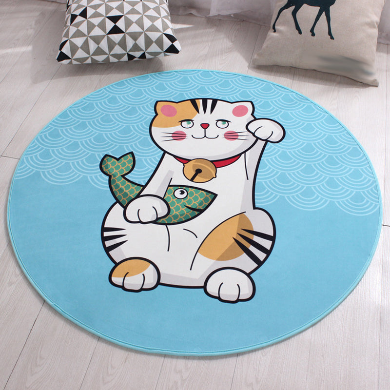 Avtoit | Kids Cat Pattern Rug Blue and Pink Polyester Rug Washable Pet-Friendly Non-Slip Rug for the Children's Room