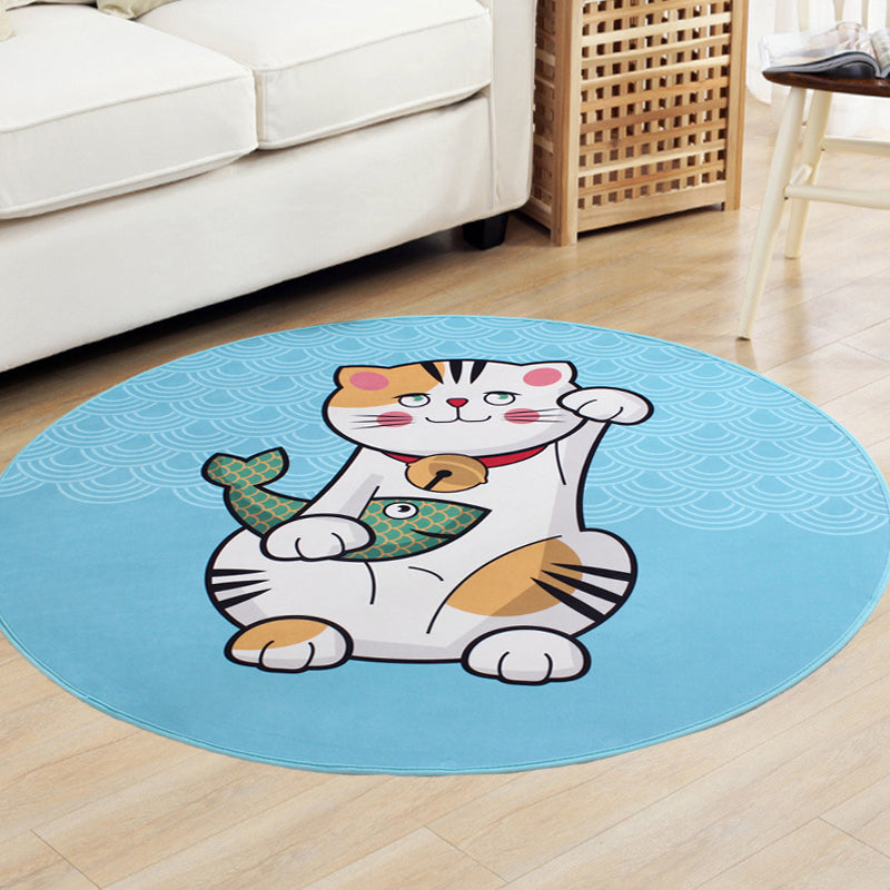Avtoit | Kids Cat Pattern Rug Blue and Pink Polyester Rug Washable Pet-Friendly Non-Slip Rug for the Children's Room