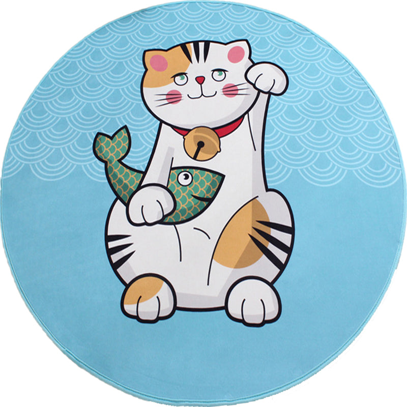Avtoit | Kids Cat Pattern Rug Blue and Pink Polyester Rug Washable Pet-Friendly Non-Slip Rug for the Children's Room