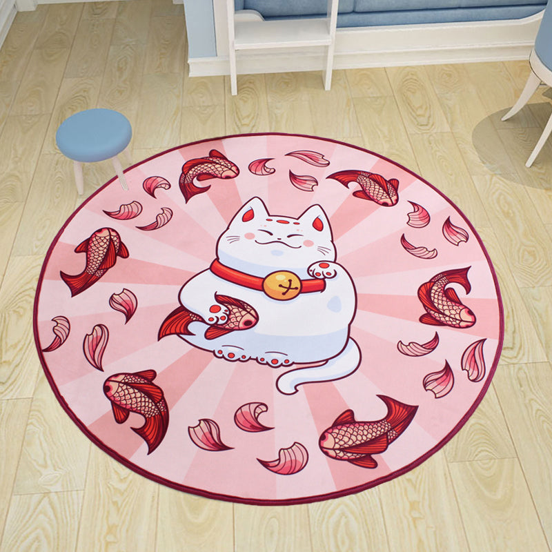 Avtoit | Kids Cat Pattern Rug Blue and Pink Polyester Rug Washable Pet-Friendly Non-Slip Rug for the Children's Room