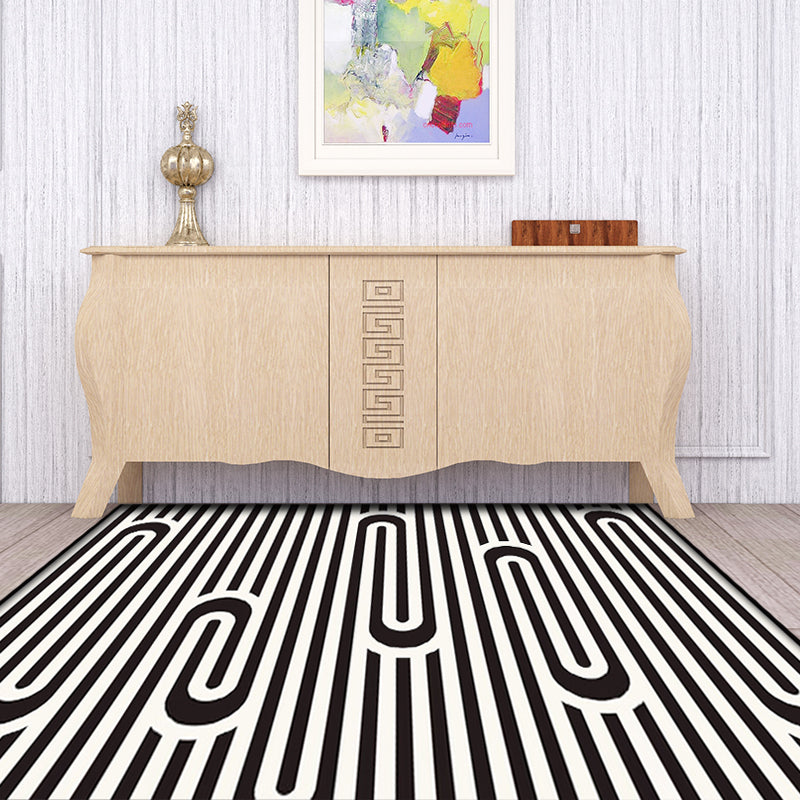 Avtoit | Modern Striped Pattern Carpet Black and White Polyester Carpet Washable Pet Friendly Non-Slip Area Rug for Living Room