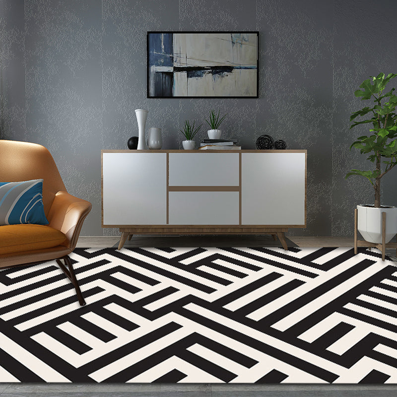 Avtoit | Modern Striped Pattern Carpet Black and White Polyester Carpet Washable Pet Friendly Non-Slip Area Rug for Living Room