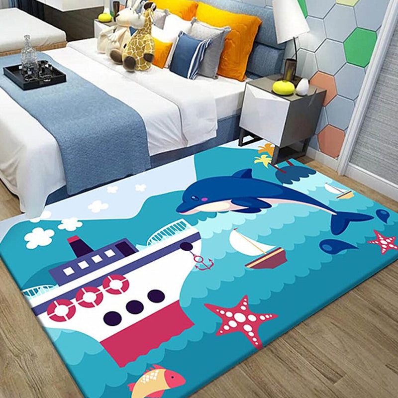 Avtoit | Kids Ship Pattern Carpet with Dolphin Blue Polyester Carpet Washable Pet-friendly Non-slip Carpet for the Children's Room
