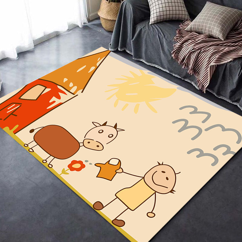 Avtoit | Cute Painting Pattern Rug Orange Kids Rug Polyester Pet Friendly Washable Area Rug for Kids Room