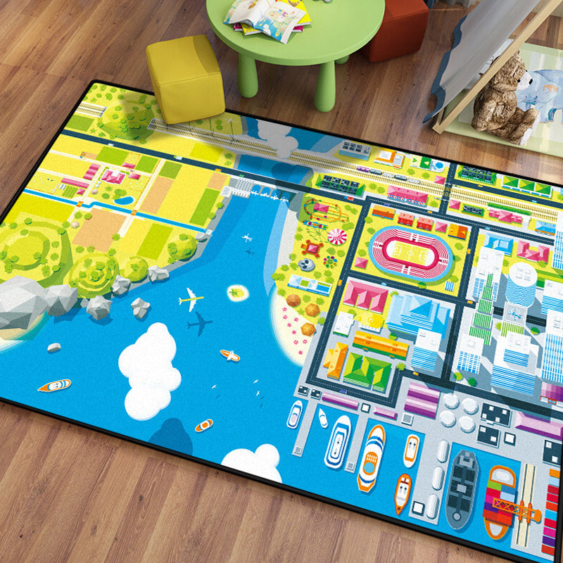 Avtoit | Kids Island Pattern Rug Green and Blue Polyester Rug Washable Pet-Friendly Non-Slip Rug for the Children's Room