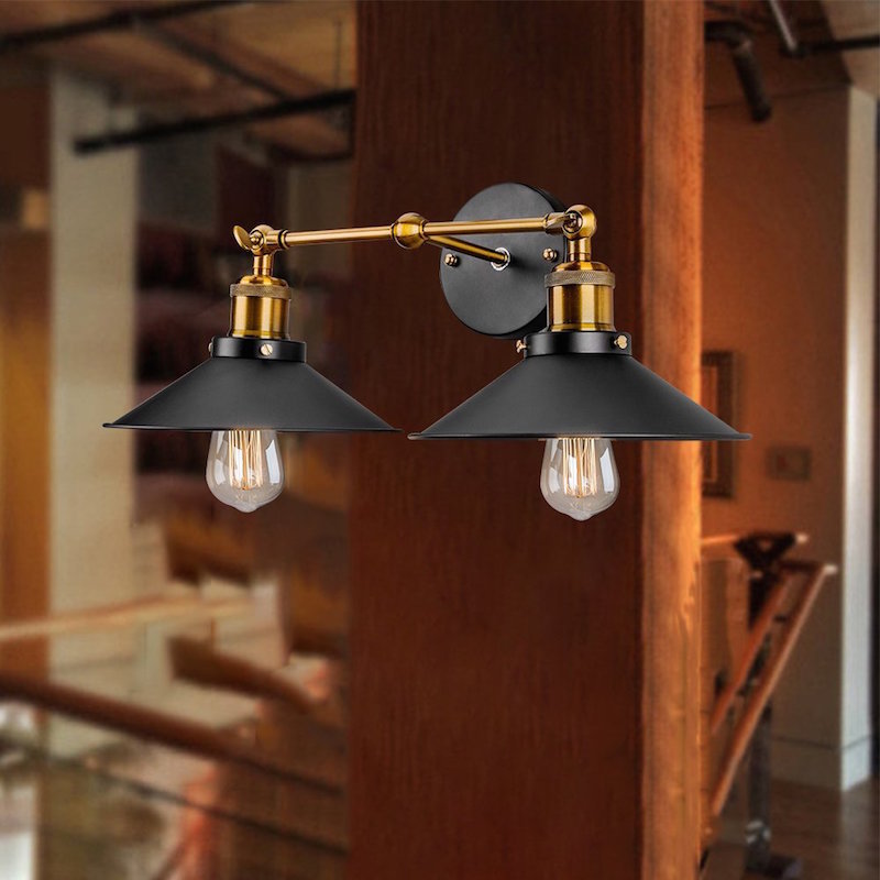 Avtoit | 2 heads wall light industrial stylish tapered shade metal wall sconces lighting in black/white for living room